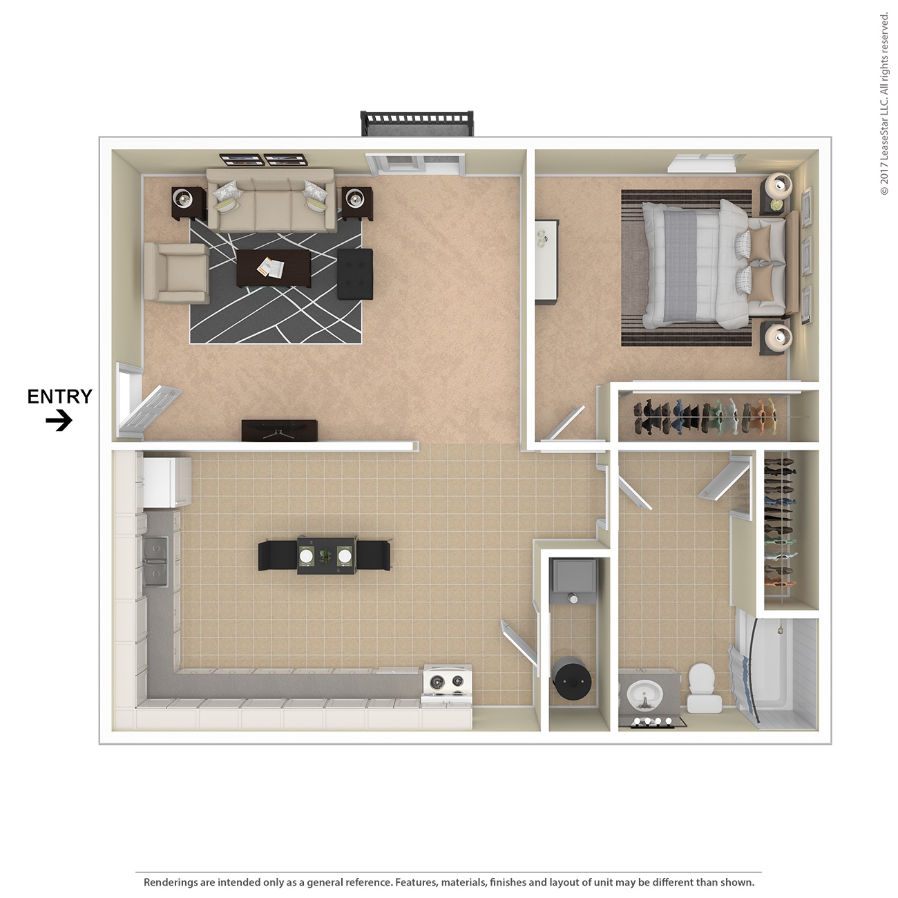 A floor plan of a room with a kitchen